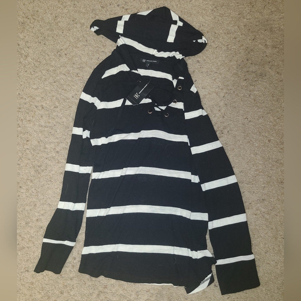INC International Concepts black and white striped VERY lightweight hoodieXS
